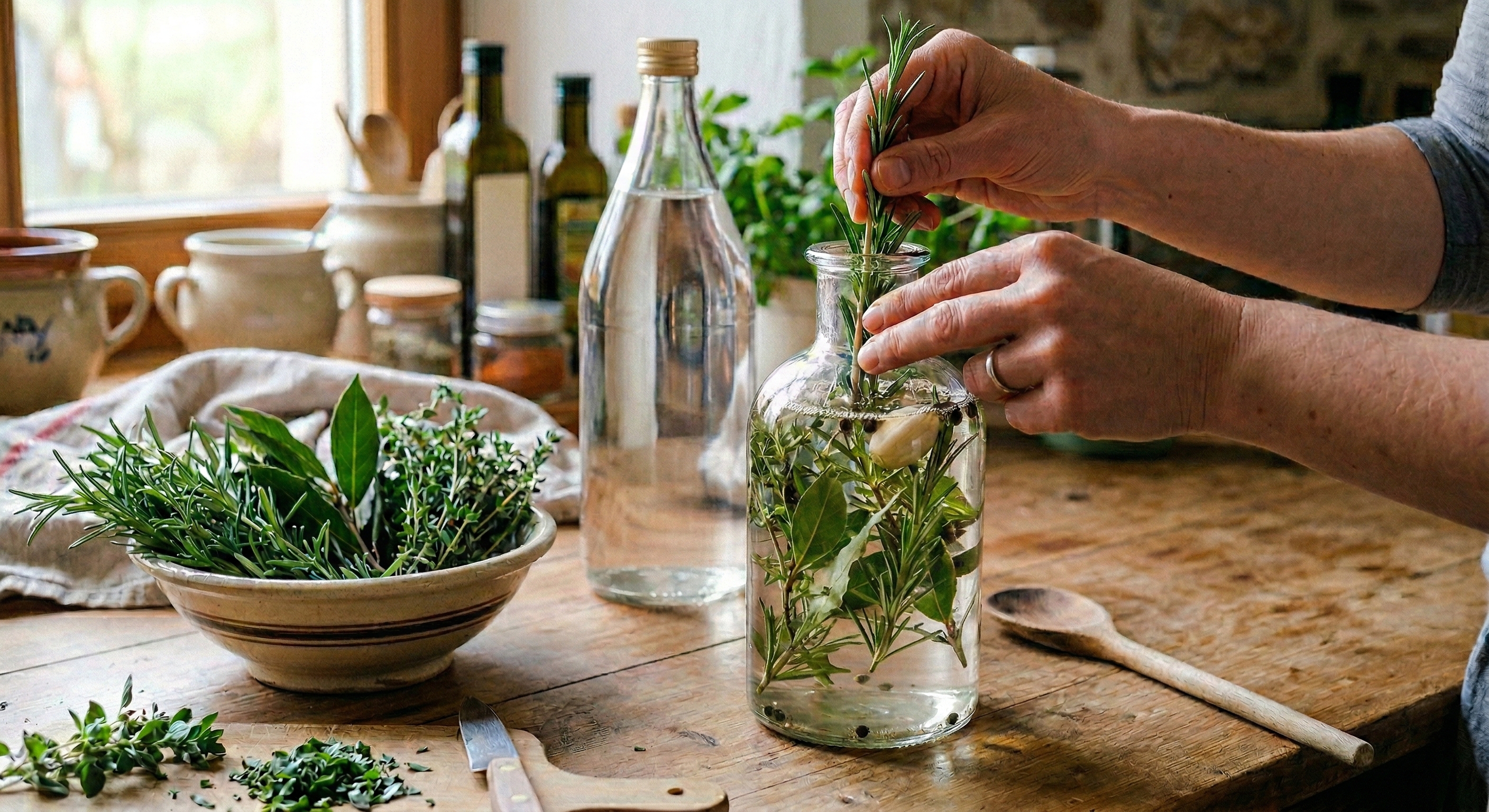 Kräuter, Rosmarin, Glasflasche, Küchenumfeld, Frische Kräuter