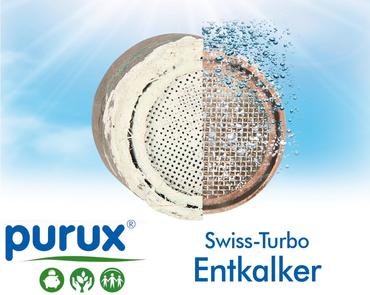 Ein Rohr zur hälfte voll mit kalk zur anderen hälfte vollkommen sauber. Unterschrift Purux Swiss-Turbo Entkalker