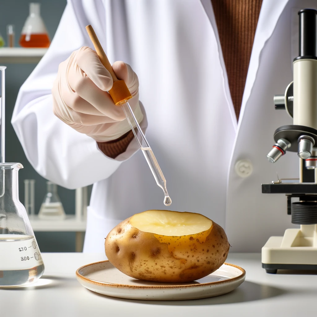 Wasserstoffperoxid wird mit Hilfe einer Pipette auf eine aufgeschnittene Kartoffel Getropft.