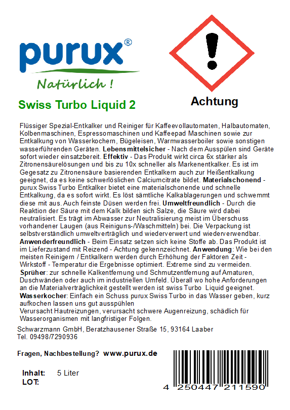Entkalker Swiss Turbo 2 Liquid 5 Liter statt Zitronensäure Essigsäure